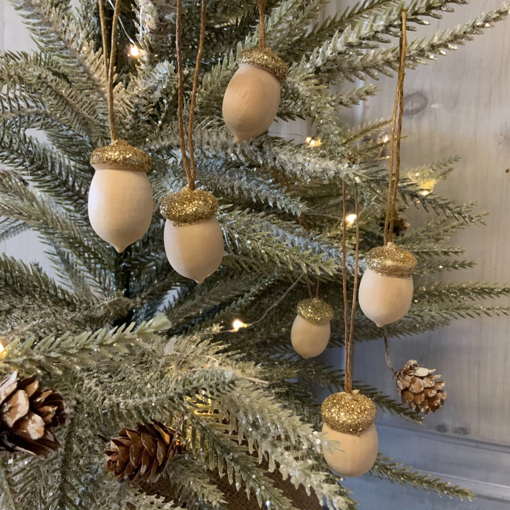 6 X Mini Acorn Hanging Decorations Christmas Gold Wood Gisela Graham Vintage
