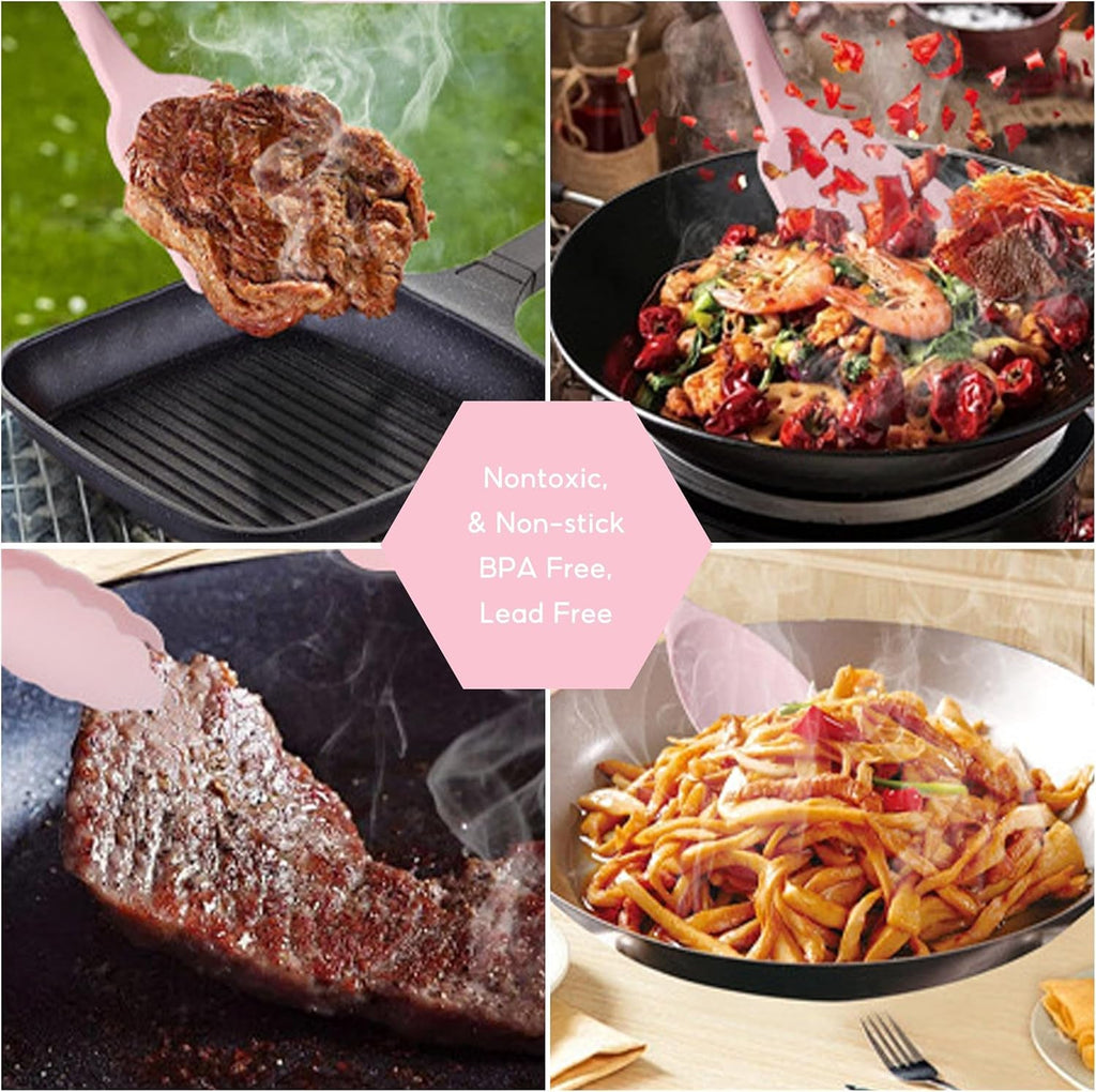 Kitchen Utensil Set, 12 PCS Silicone Cooking Utensils Set with Wooden Handle, Heat Resistant, Nonstick Cookware Tongs Spatula Spoon Set, Silicone Kitchen Utensils Set Suitable for Kitchen(Pink)