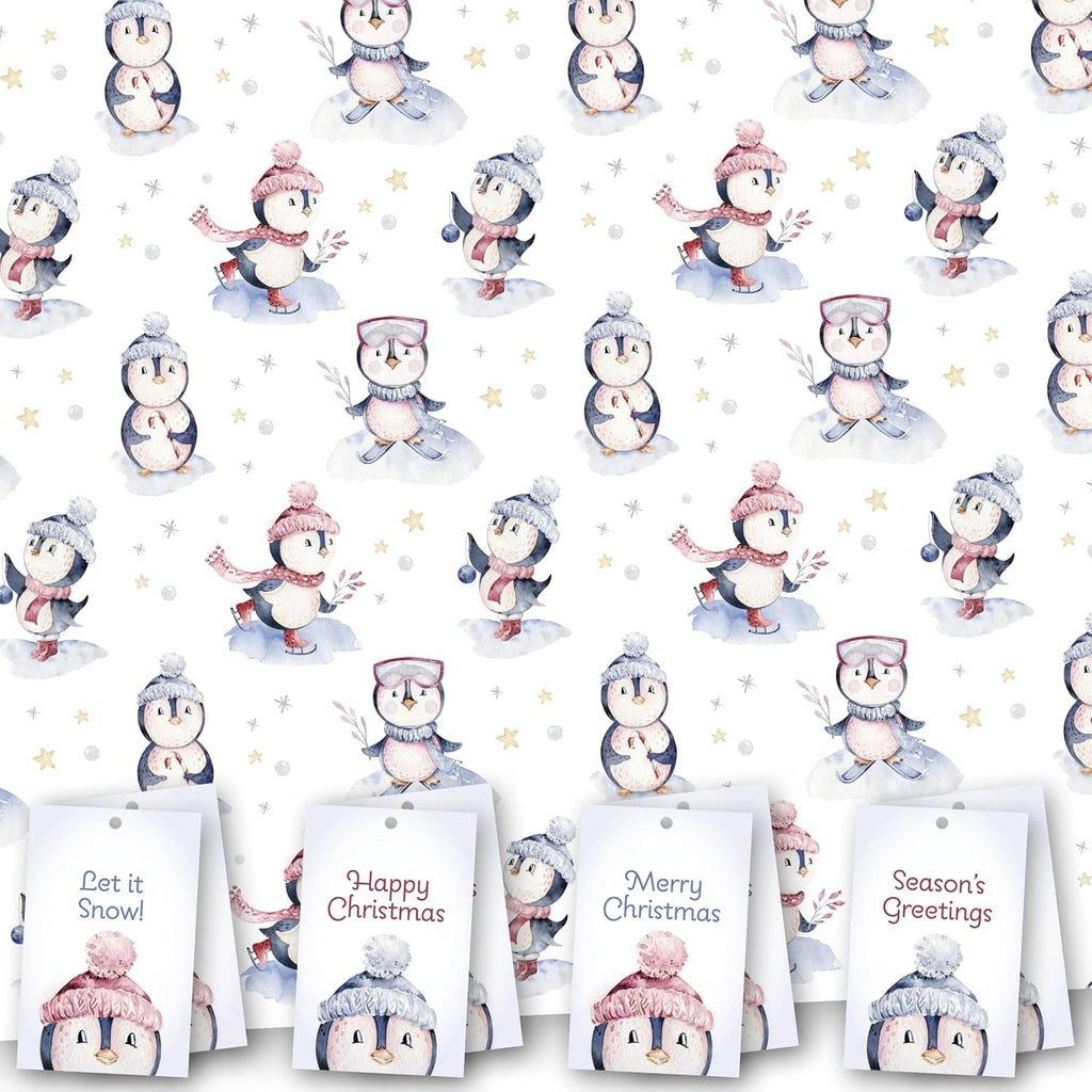 Christmas Wrapping Paper. 8 XL Sheets (50 X 70Cm). Cute Penguin Design. Gift Wrap with Matching Tags. Cutting Grid on Reverse.