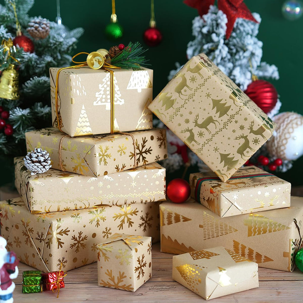 Christmas Wrapping Paper Rolls, Metallic Gold Foil - Brown Kraft Xmas Wrapping Paper Rolls, Gift Wrapping Paper for Women Men, Wrapping Paper for Christmas New Year Winter, 3 Rolls, 43Cm X 3M per Roll