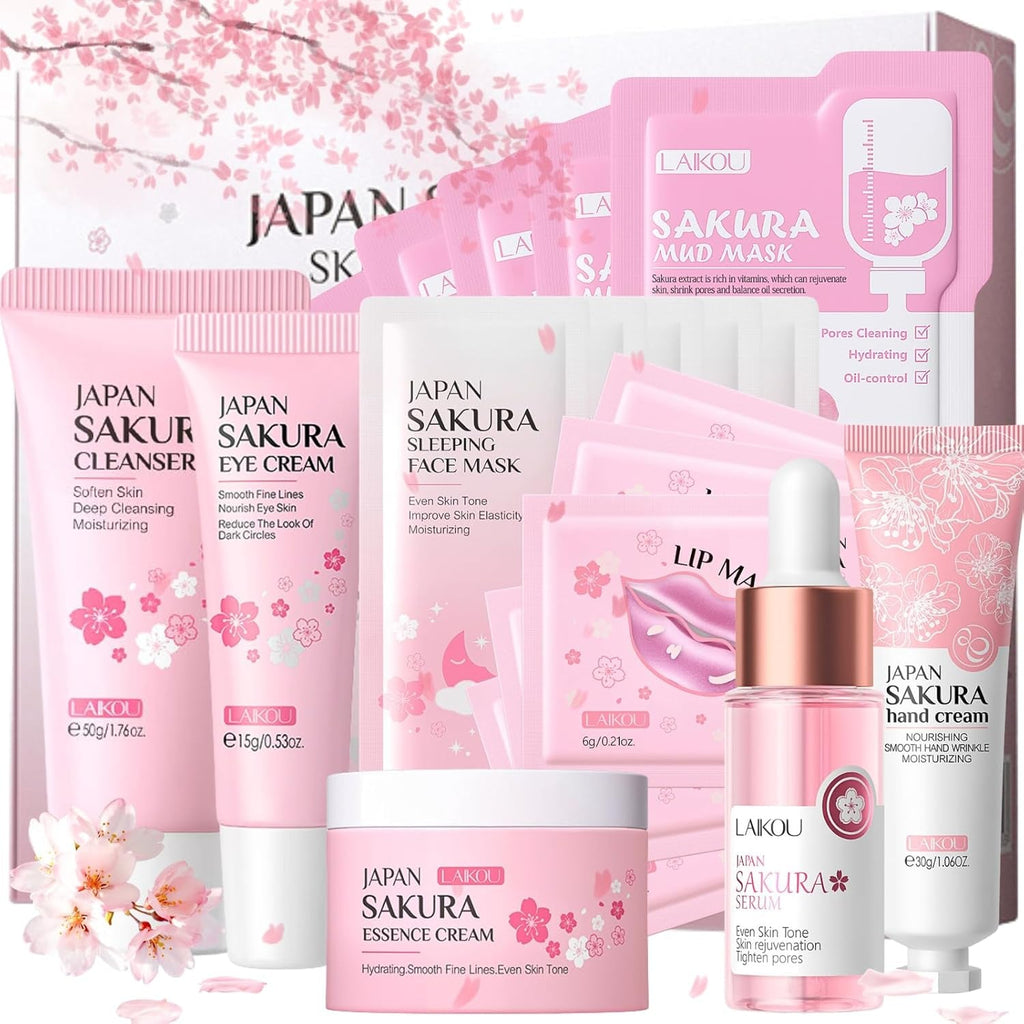 Sakura Skin Care Sets & Kits, Girls Pamper Set, Face Care Sets for Women, 20PCS Teenage Girls Gifts - Cleanser, Serum, Eye Cream, Face Cream, Hand Cream, Sleeping Mask, Mud Mask - Japanese Skincare