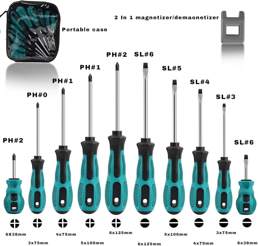 10Pcs Screwdriver Set,Heavy Duty Chrome Vanadium Steel Made,Magnetic Screwdriver with 5 Cross& 5 Flat Head,Durable Hand Tools in Carry Bag
