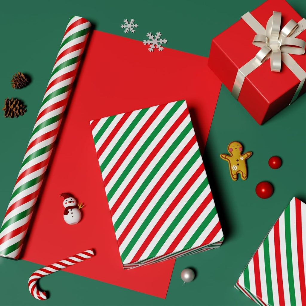 Reversible Christmas Wrapping Paper Roll - 1 Roll 43Cm X 10M Red Christmas Wrapping Paper with Green and Red Stripes Design for Kids Boys Holiday Birthday Gift Packing Decorations