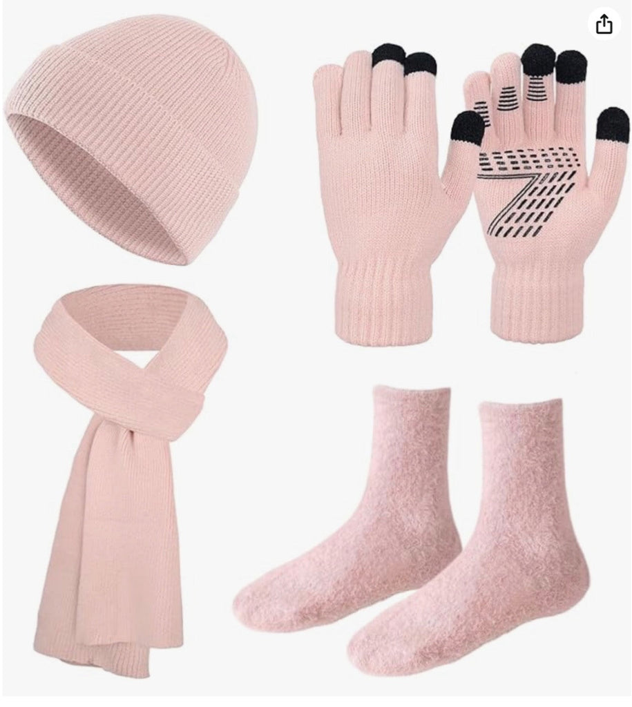 4PCS Womens Pink Knitted Hat, Scarf, Touch Screen Gloves & Socks Set