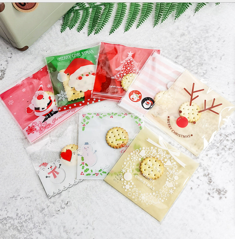 New Christmas 100Pcs Self Adhesive Bag Cookie Candy Gift Packaging Bags 10X10Cm