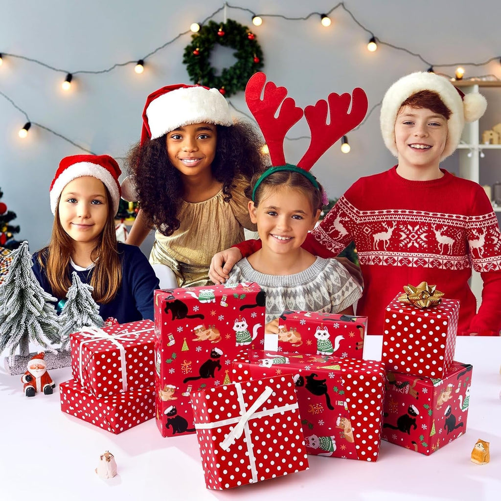 Christmas Cat Wrapping Paper - 1 Roll, 17” X 33 Ft, Red, Reversible Kitty Wrap Paper for Kids & Adults, Xmas Gift & Holiday Favor