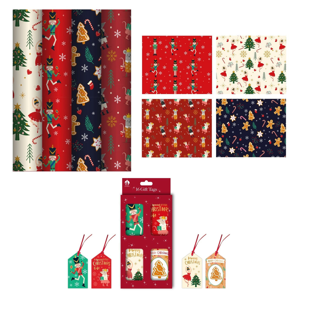 4X 4M Nutcracker Christmas Wrapping Paper Rolls Ballerina Xmas Gift Wrap 16 Tags