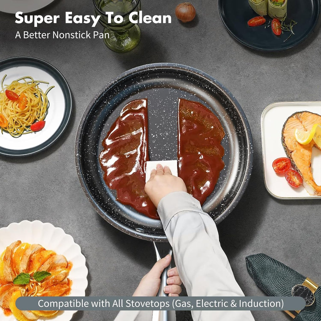 Stainless Steel Pots and Pans Set, 7-Piece Induction Hob Pan Set with Stay Cool Handles, Nonstick Saucepan Set Cooking Pans Set with Glass Lids, Black Granite Kitchen Cookware Set, for All Stove