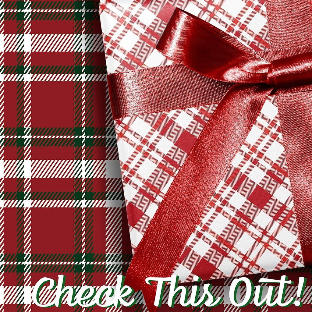 Reversible Christmas Wrapping Paper Roll, Classic Red & White Plaid Gift Wrap for Christmas, Holiday, Winter Party, 43Cm X 10M