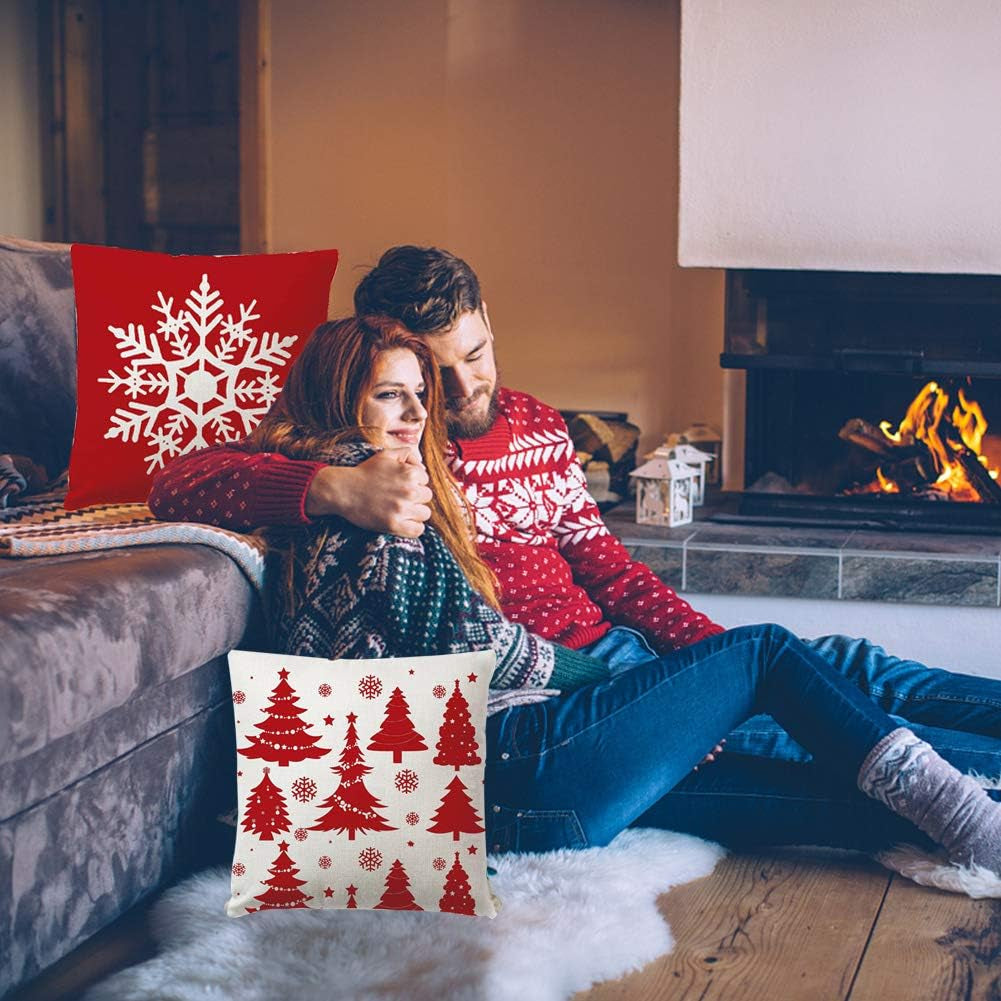 Christmas Decorations Pillow Covers 4 Pack, Christmas Tree Snowflake Reindeer Sa