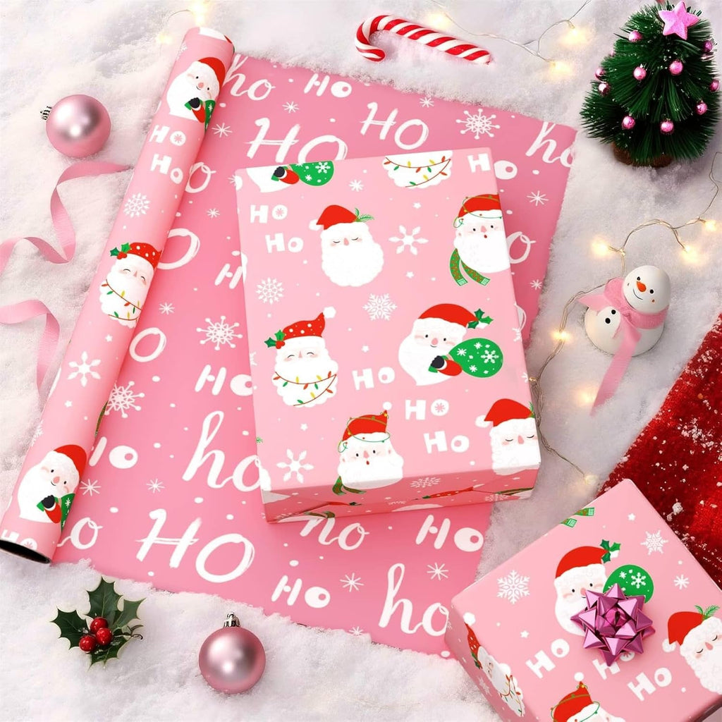 Christmas Wrapping Papers - 1 Roll 43Cm X 10M Santa Claus Gift Wrapping Paper Reversible Christmas Wraps Paper for Boys Girls HOHO Design Pink Gift Wrap for Winter Holiday Present Decoration