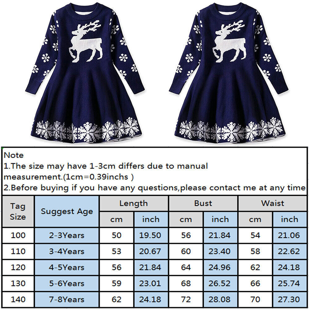 UK Kids Girls Christmas Elk Knitted Sweater Winter Warm Long Sleeve Jumper Dress