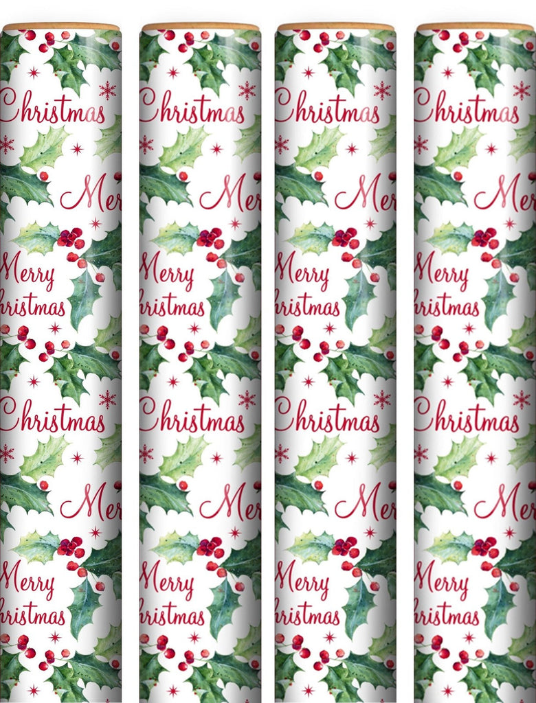 16M (4 X 4M) Traditional Christmas Gift Wrapping Paper Roll - White with Holly