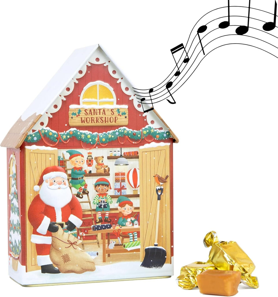Santa'S Workshop Musical Souvenir Tin Filled with Devon Toffee - Toffee Sweet Tin with Individually Wrapped Sweets, Novelty Musical Tins with Festive Sweets - Luxury Christmas Treats Gift Box