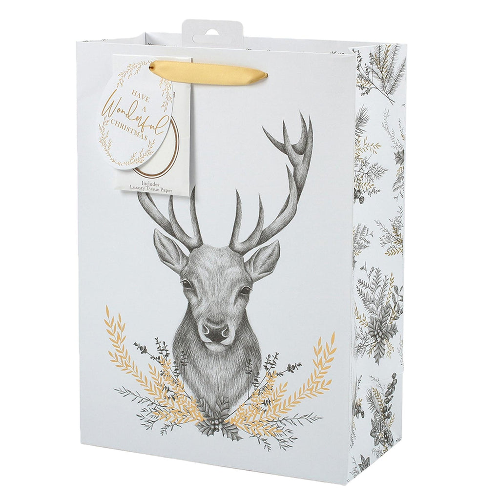 Tom Smith Christmas 3 X Gift Bags Small Medium Bottle White and Gold Stag Mix