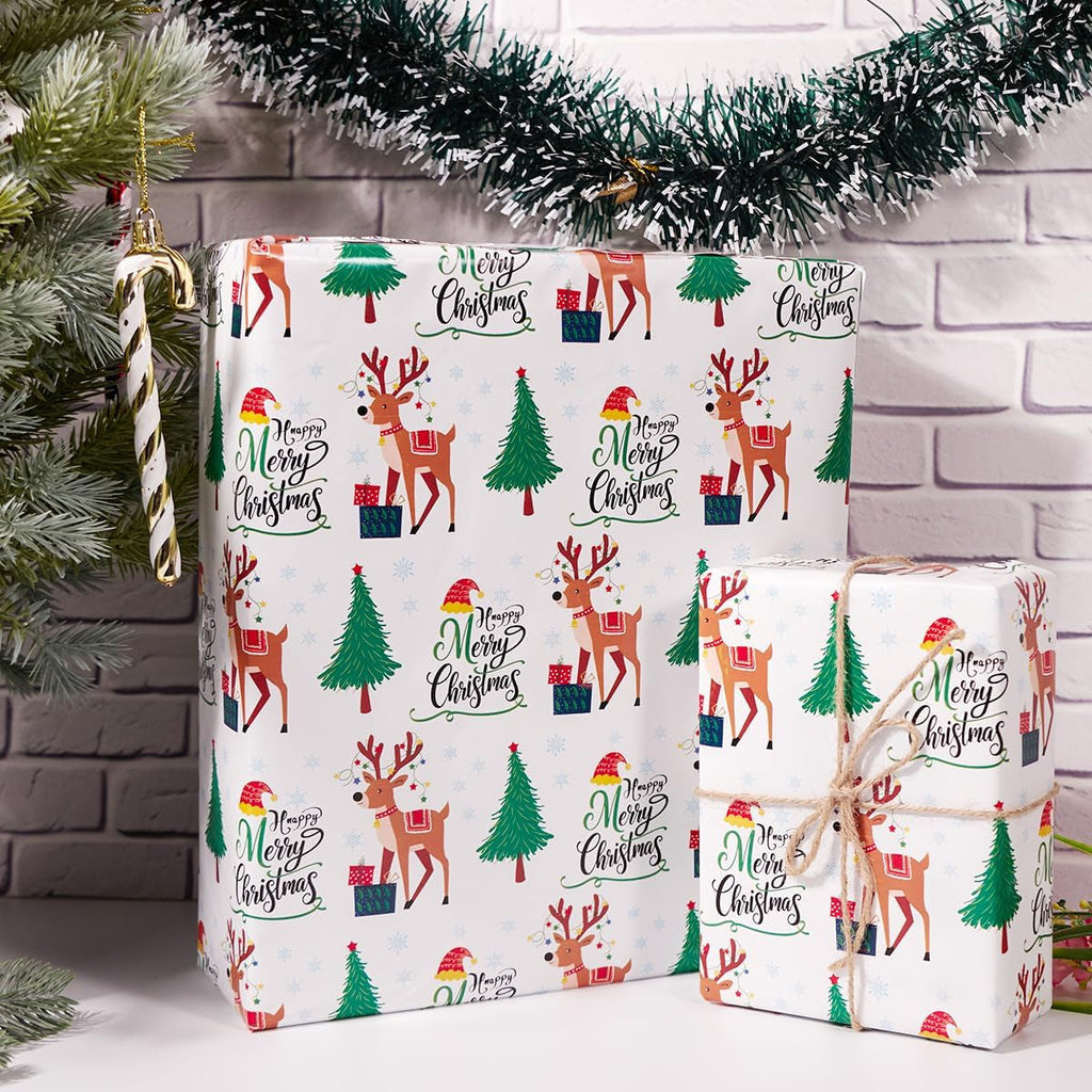 Christmas Wrapping Paper Roll,43Cm*12M Christmas Elements Collection Paper for Xmas Present (White and Green)