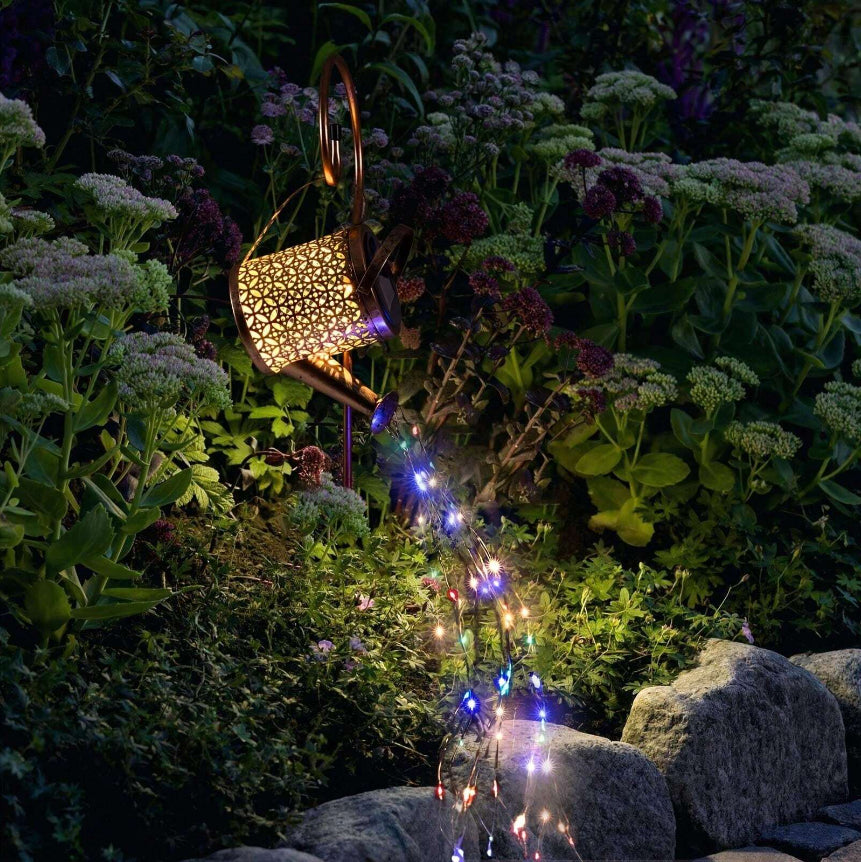 Solar Power LED String Light Watering Can Hollow Outdoor Garden Lamp Decor Xmas