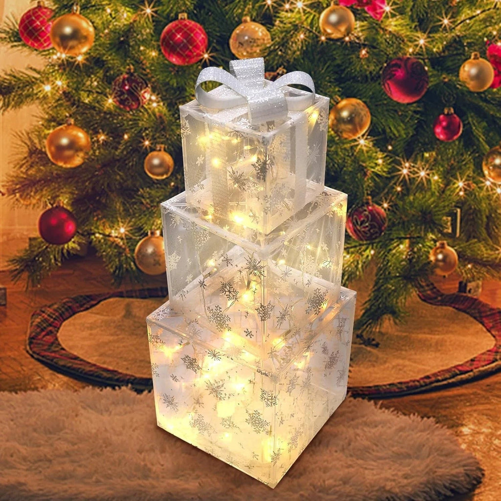 3 Pack Illuminated Christmas Gift Boxes Decoration LED Light up Presents Parcels