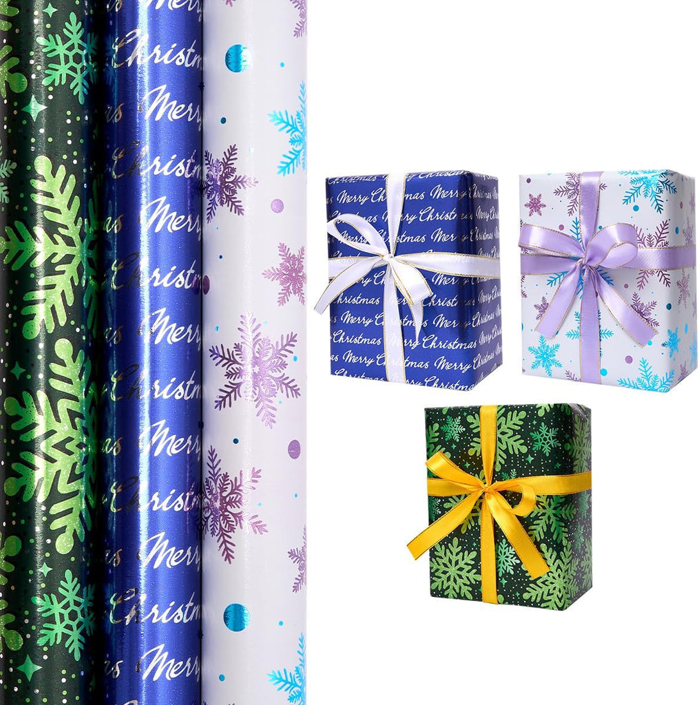 3 Rolls Gift Wrapping Paper for Christmas, 43Cm*3M Shine Wrapping Paper Print with Snowflake and “Merry Christmas”For Xmas, Birthday, Festival Party Gift Decoration