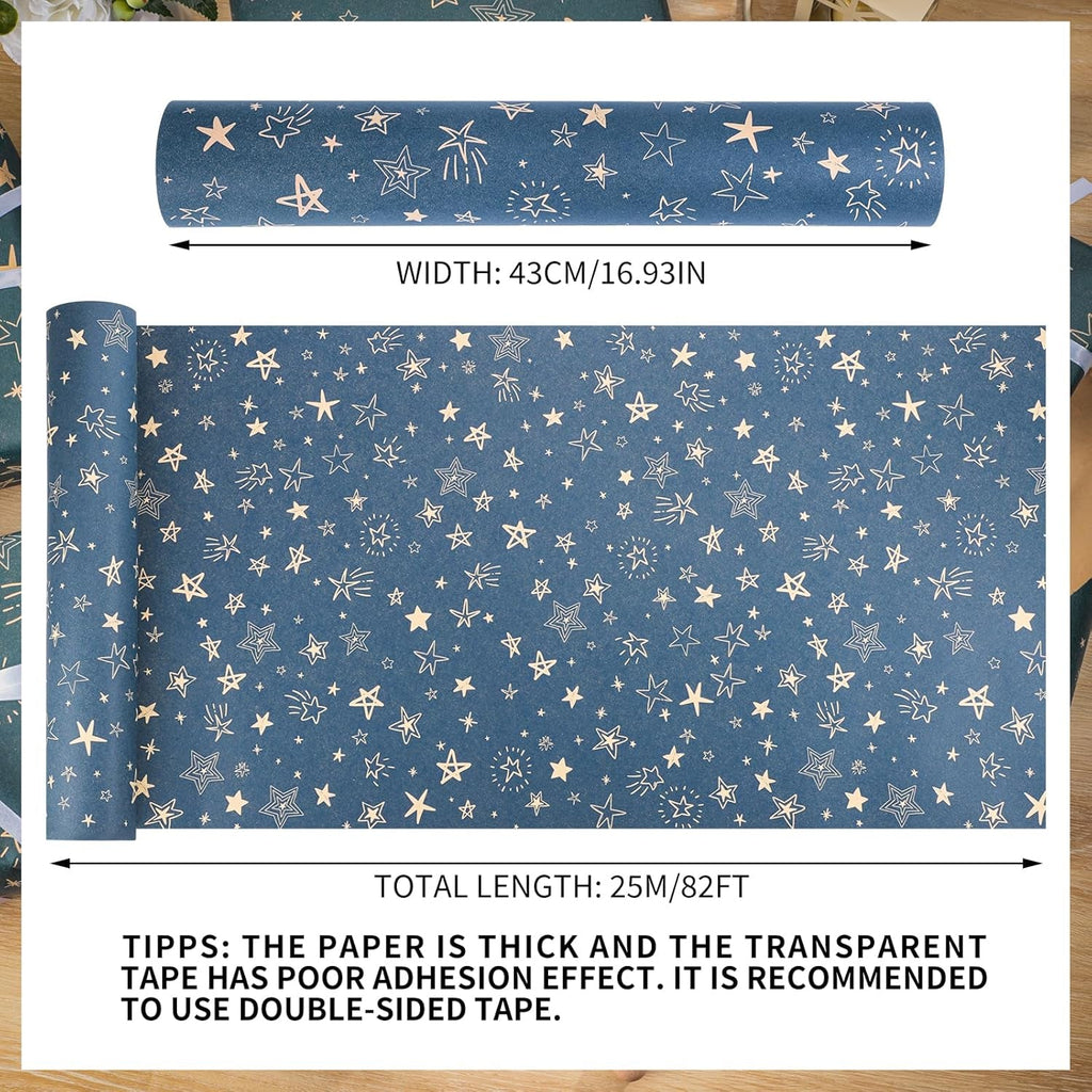 25M X 43Cm Gift Kraft Wrapping Paper Roll, Star Blue Birthday Wrapping Paper for Birthday Gift Wrap Wedding Baby Shower Party