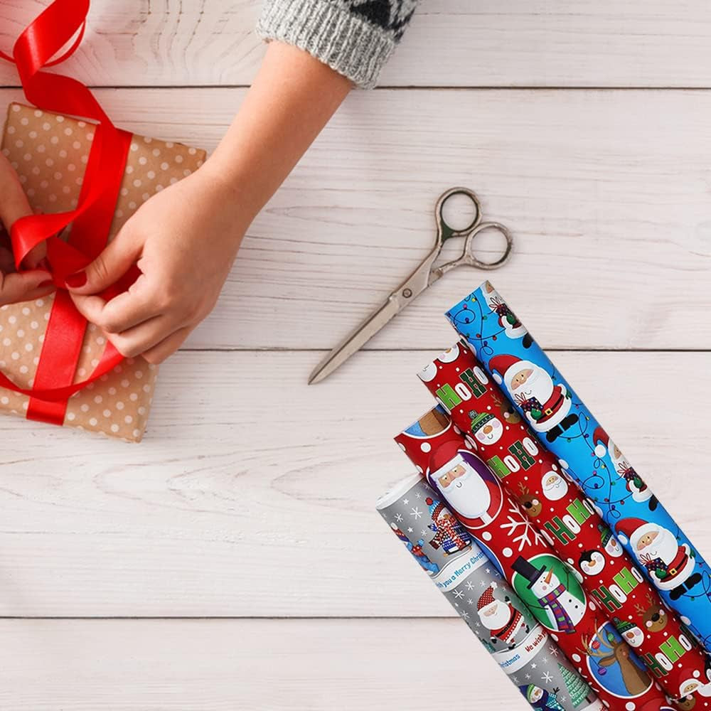 Pack of 4 X 4M Cute Christmas Character Gift Wrapping Paper Roll -Perfect for Christmas, Birthday, Festival, Party or Wedding Gift and Festive Decoration
