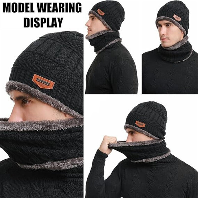3PCS Hat Scarf Gloves Set Fleece Warm Knit Neck Warmer Wool Thermal Cap Outdoor