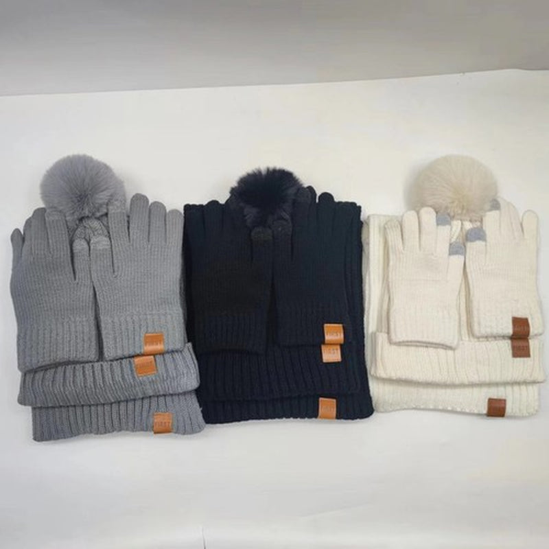 Hat Scarf and Gloves Set Ladies, Winter Beanie Hat for Women with Pom Pom Fleece
