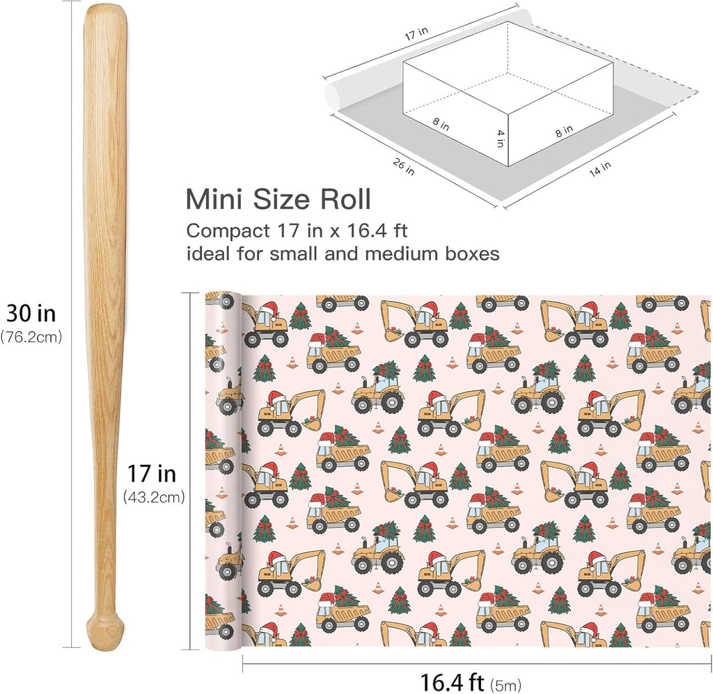 Christmas Car Wrapping Paper Roll for Boys, Mini Roll, Cute Construction Trucks with Santa Hat, Christmas Tree and Gifts Design Gift Wrap for Kids Party, 43.2Cm X 5M