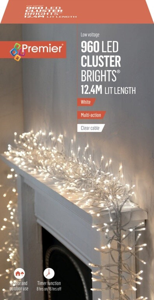 Premier 960 LED Cluster Multi-Action Christmas Tree Lights Clear Cable - WHITE