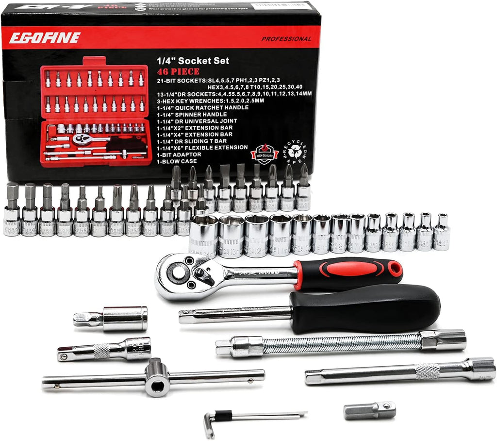 46 Pieces 1/4" Drive Socket Set&Tool Sets, Ratchet Wrench Set with Bit Socket Set Metric and Extension Bar for DIY, Car Repair and Household with Storage Case