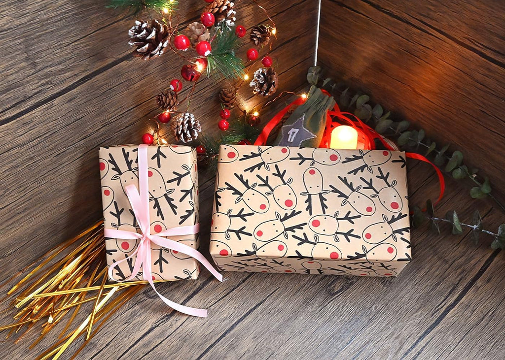 43Cm *15M Christmas Wrapping Paper Roll, Recyclable Brown Gift Wrapping Paper with Elk for Xmas Party Gifts, Birthday,Graduation,Eco-Friendly Present Decorations-Elk Head