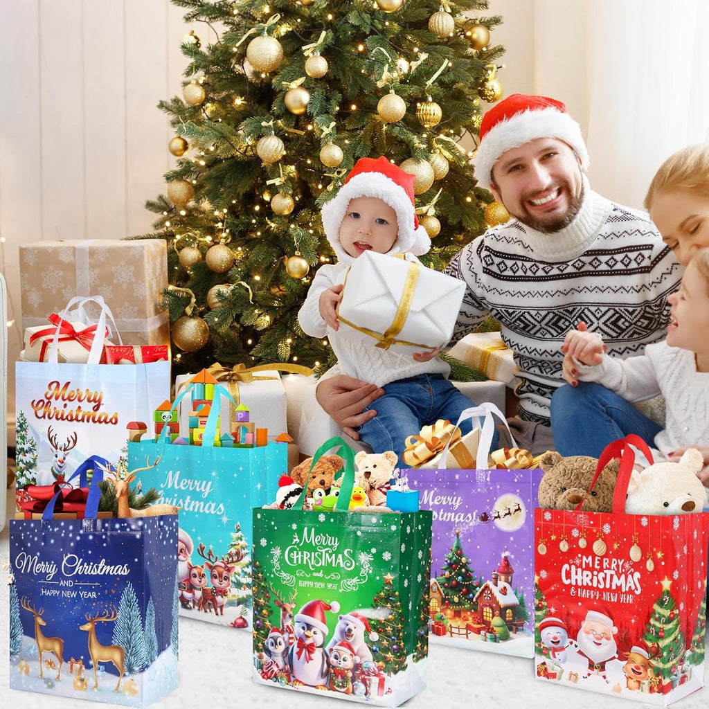 6 Pack Christmas Tote Bag, Extra Large Reusable Grocery Bag with Handle