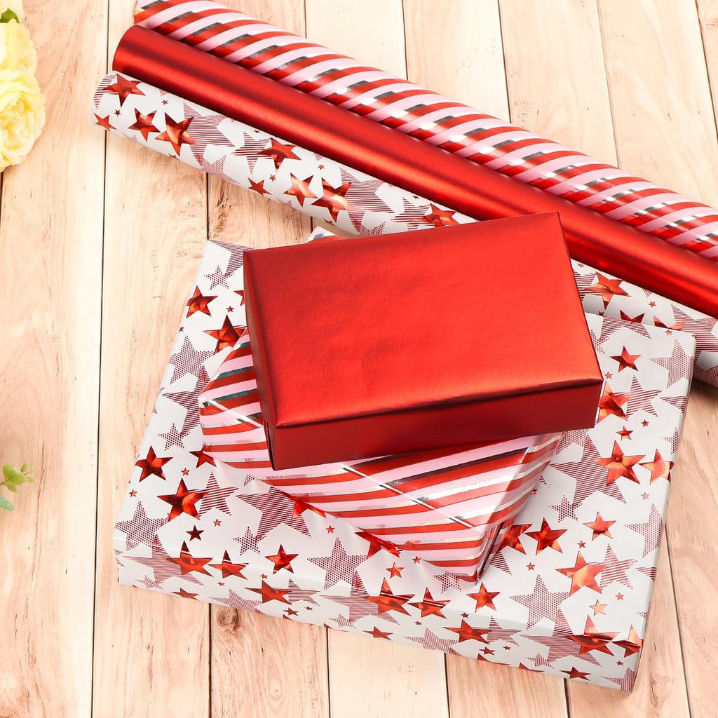 Red Metallic Wrapping Paper Rolls, 3 Rolls 43Cm X 3M, Red Gift Wrap Paper Roll with Star Stripe Pattern for Christmas, Birthday, Wedding