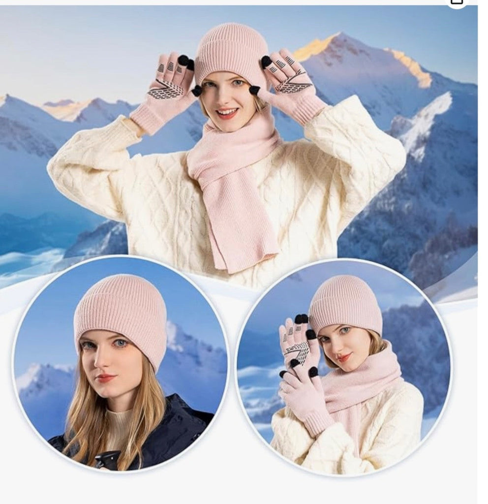 4PCS Womens Pink Knitted Hat, Scarf, Touch Screen Gloves & Socks Set