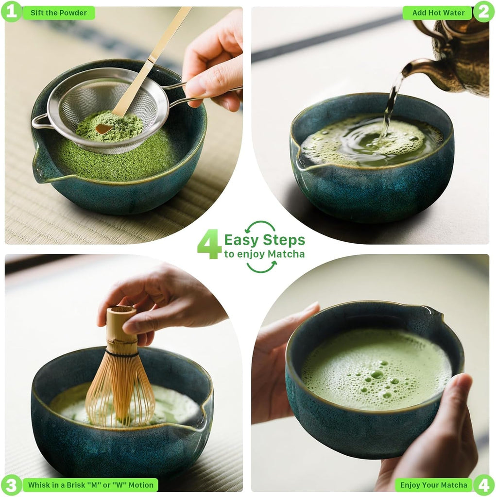 Matcha Kit, 7 Pcs Matcha Set - Ceramic Matcha Bowl & 100% Handmade Bamboo Matcha Whisk with Whisk Holder, Bamboo Scoop, Rest, Matcha Sifter & Tea Towel - Complete Matcha Whisk Set