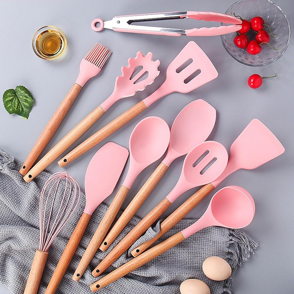Kitchen Utensil Set, 12 PCS Silicone Cooking Utensils Set with Wooden Handle, Heat Resistant, Nonstick Cookware Tongs Spatula Spoon Set, Silicone Kitchen Utensils Set Suitable for Kitchen(Pink)