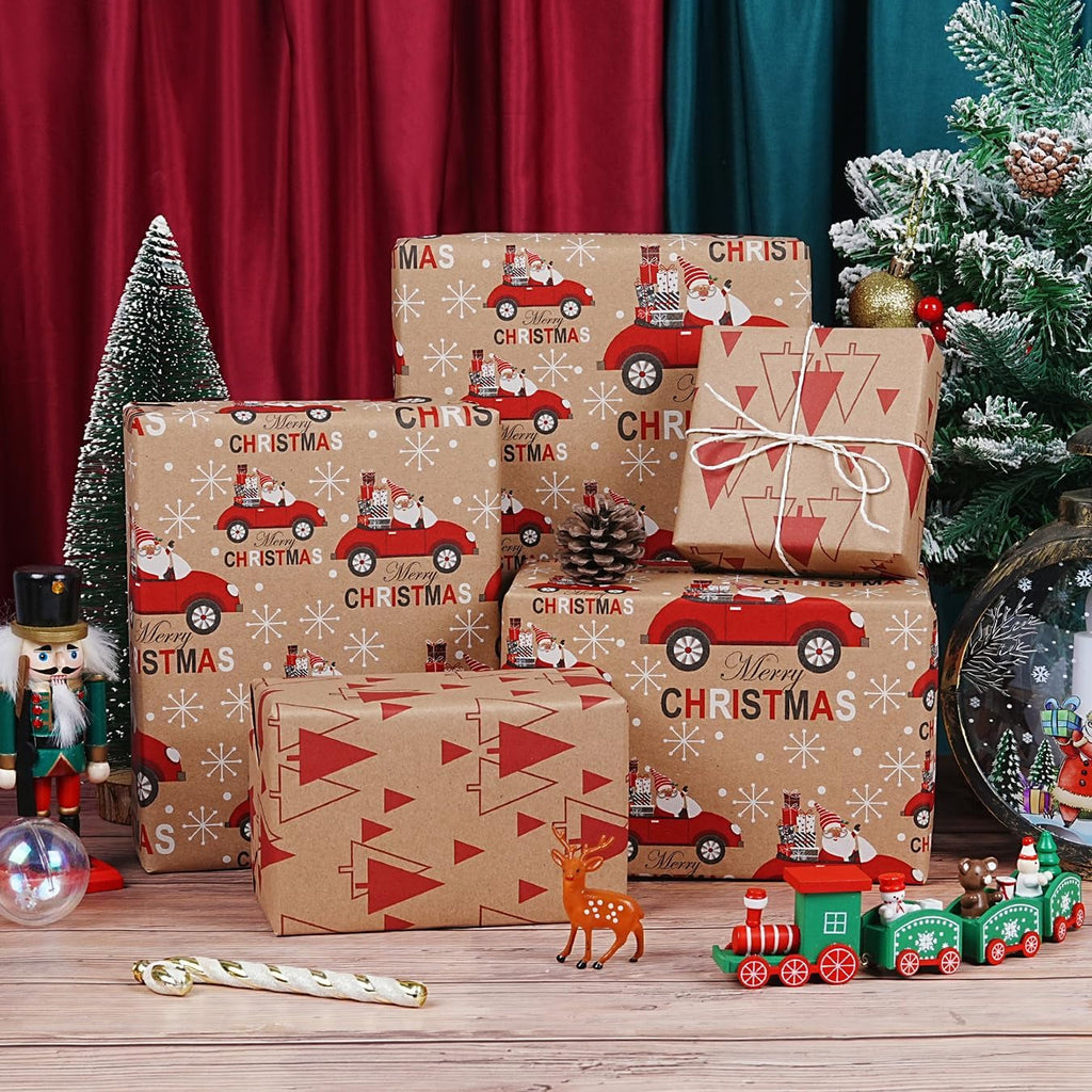 Reversible Christmas Wrapping Paper Roll, Red and White Brown Kraft Wrapping Paper Roll, Christmas Tree Car Santa Design Gift Wrapping Paper for Xmas Holiday Party, 43CM X 10M