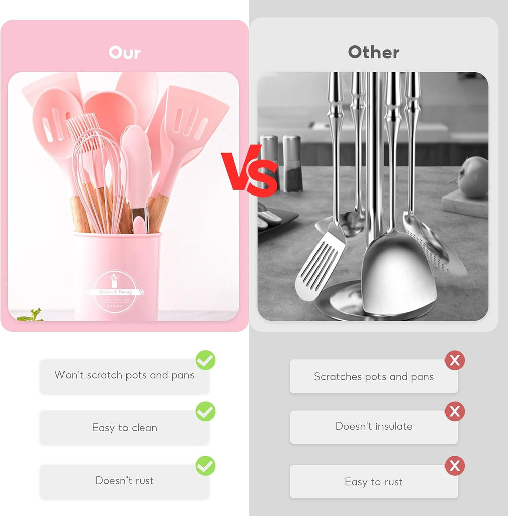 Kitchen Utensil Set, 12 PCS Silicone Cooking Utensils Set with Wooden Handle, Heat Resistant, Nonstick Cookware Tongs Spatula Spoon Set, Silicone Kitchen Utensils Set Suitable for Kitchen(Pink)