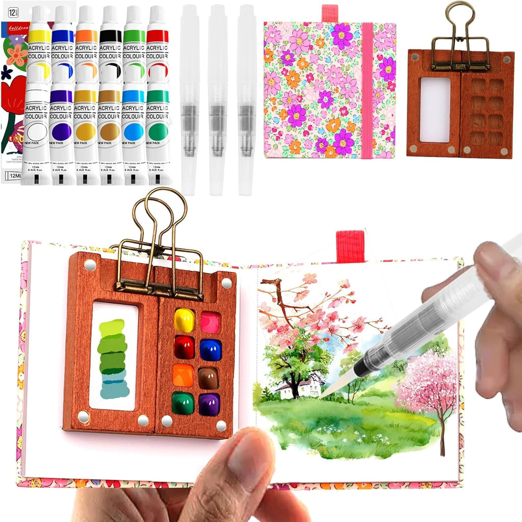 Portable Mini Watercolour Paint Set Travel & Wooden Paint Palette with Metal Clip, 12 X 12Ml Water Colour Paints Sets with Sketchbook & Water Pen for Pocket Watercolour Painters,Artists (12 Colors)