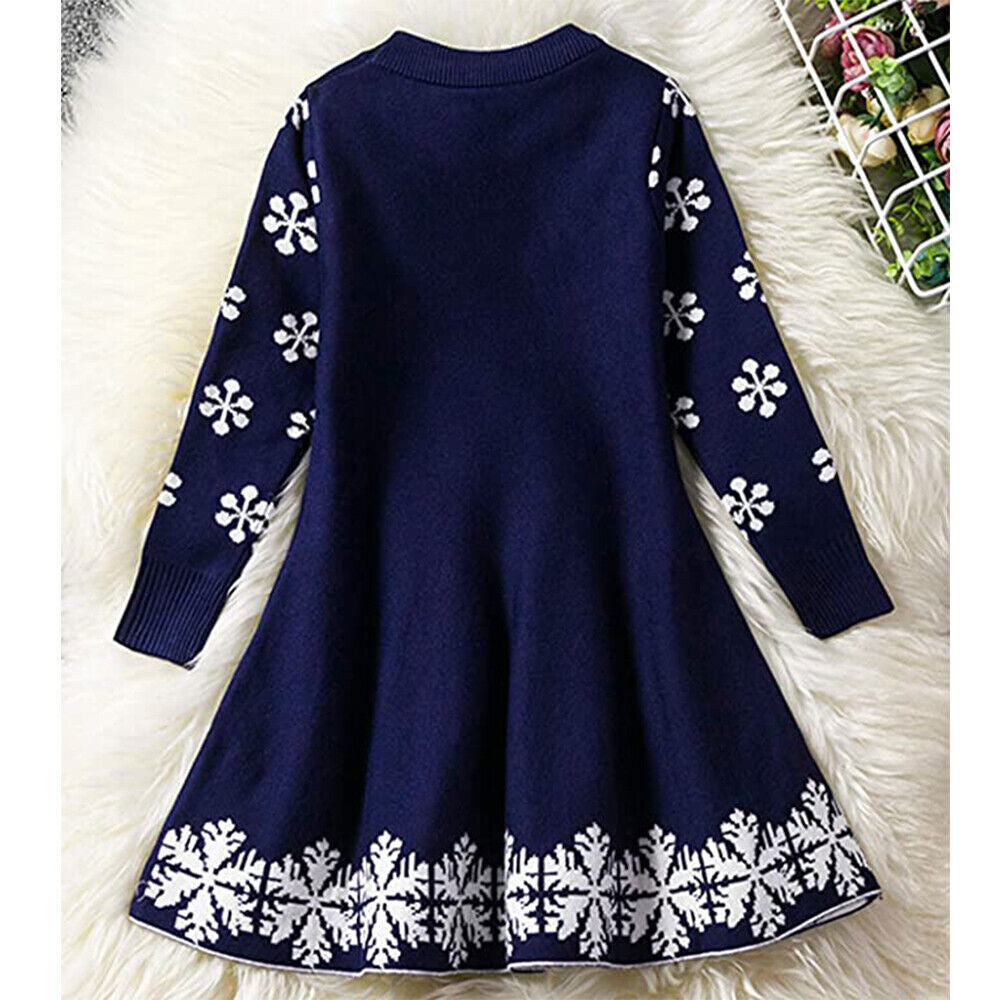 UK Kids Girls Christmas Elk Knitted Sweater Winter Warm Long Sleeve Jumper Dress