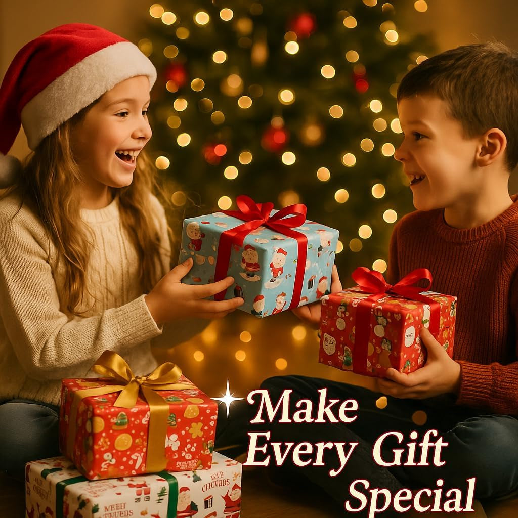 Christmas Wrapping Paper, 4 X 7M Rolls, Cute Xmas Characters, for Gifts & Festive Decoration