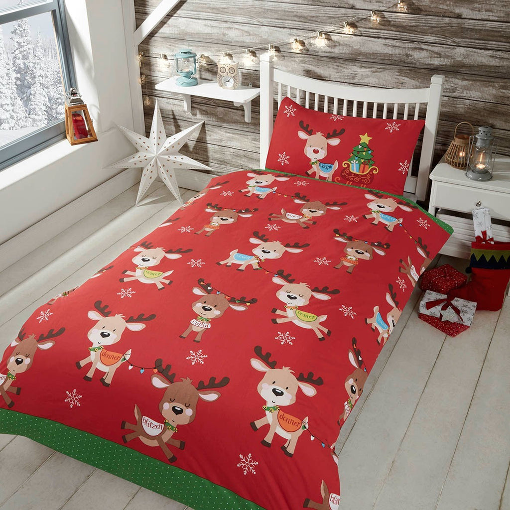 Rudolph & Friend'S Xmas Childrens Single Duvet Quilt Cover Bedding Set