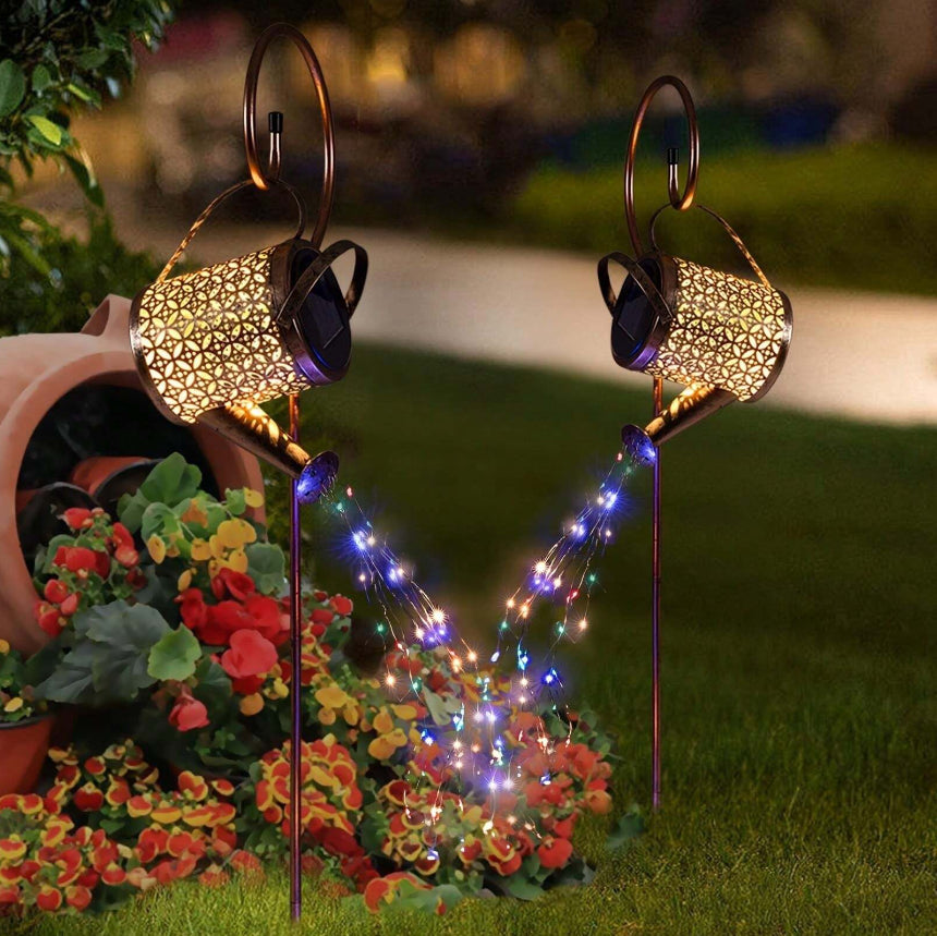 Solar Power LED String Light Watering Can Hollow Outdoor Garden Lamp Decor Xmas