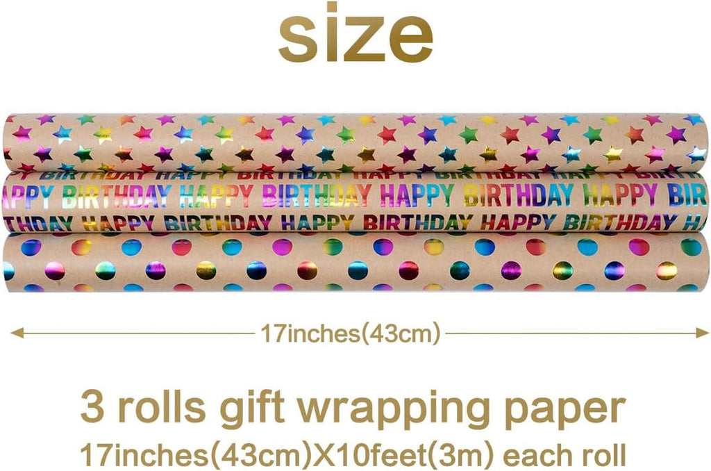 3 Rolls Birthday Gift Wrapping Paper, 43Cm*3M Recyclable Kraft Paper Print with Dots Star, Suitable for Birthday, Party, Wedding, Festival Gift Decorations