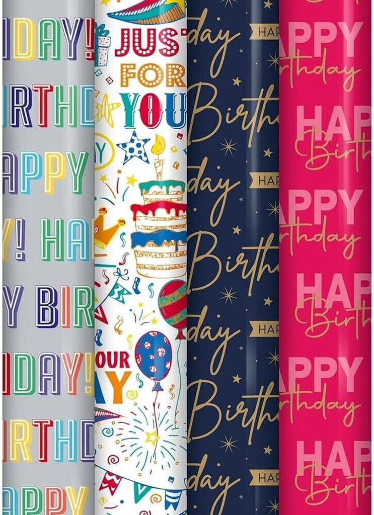Pack of 4 X 3M Happy Birthday Gift Wrapping Paper Roll - Assorted Designs