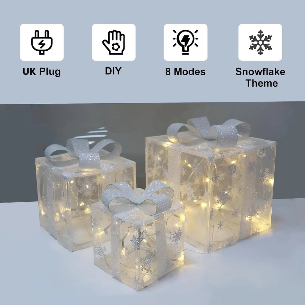 3 Pack Illuminated Christmas Gift Boxes Decoration LED Light up Presents Parcels